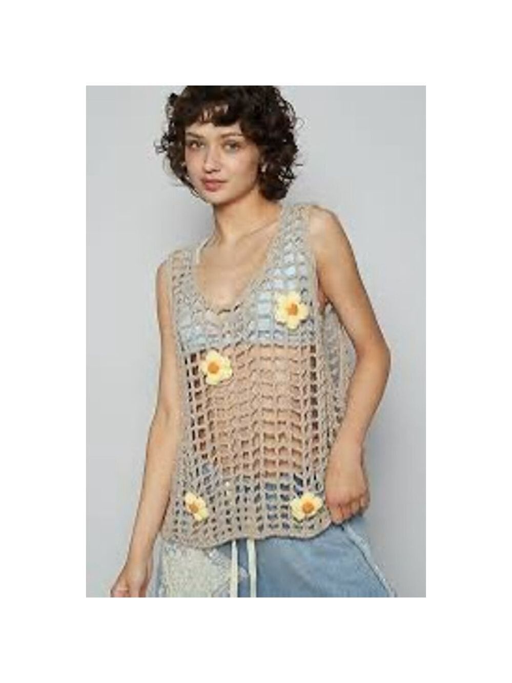 POL Crochet Knit Tank Top Tan/Yellow Size L